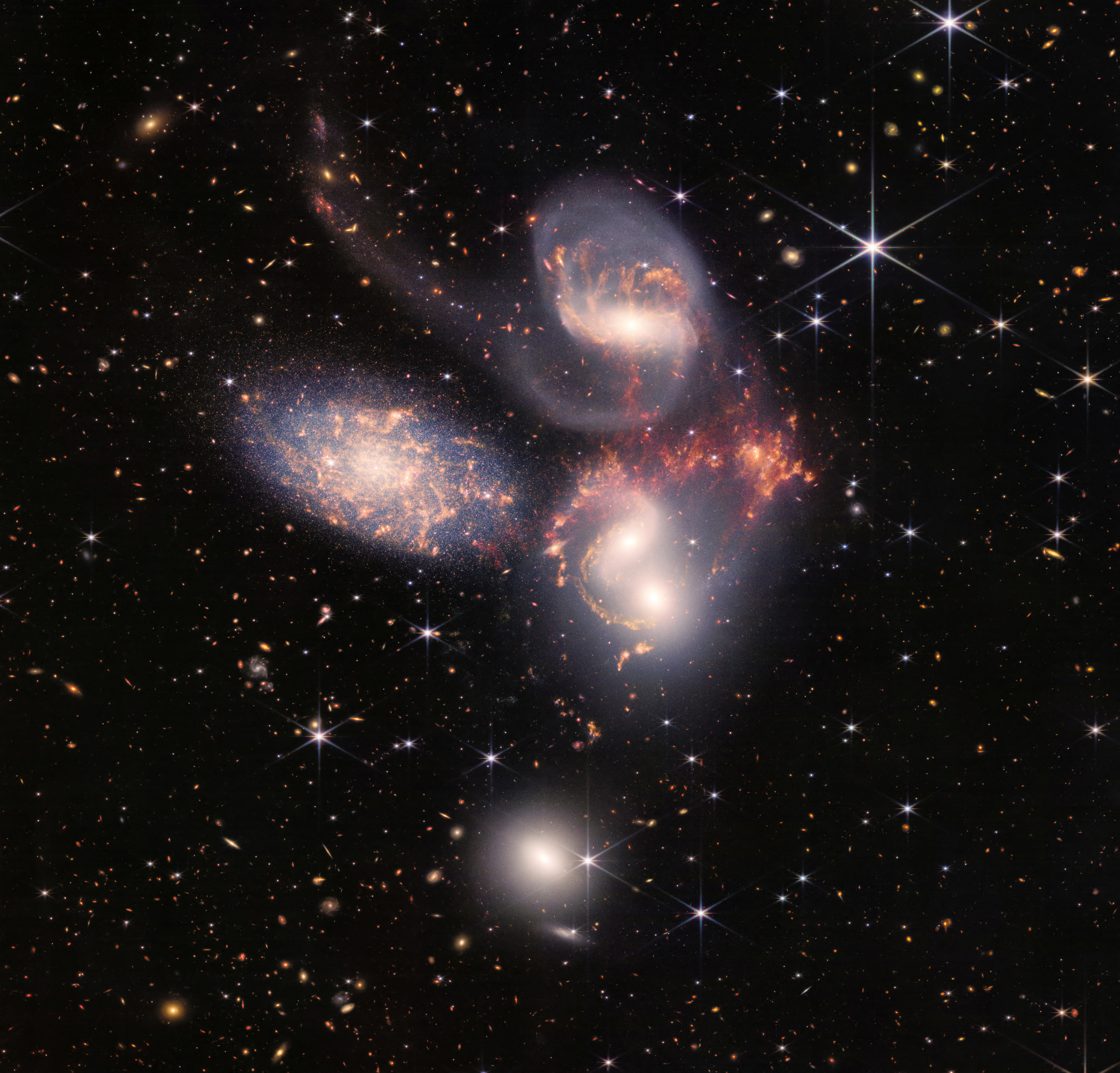 A group of five galaxies that appear close to each other in the sky
