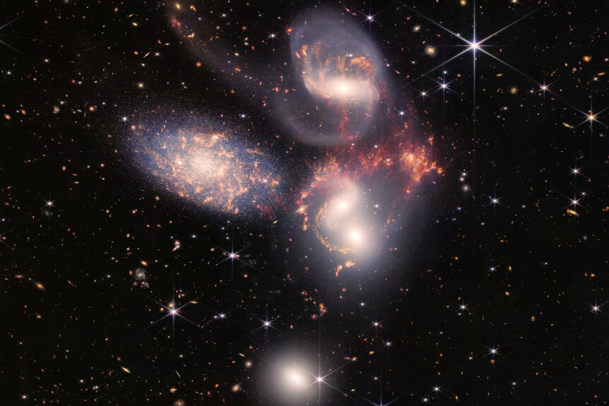 A group of five galaxies that appear close to each other in the sky