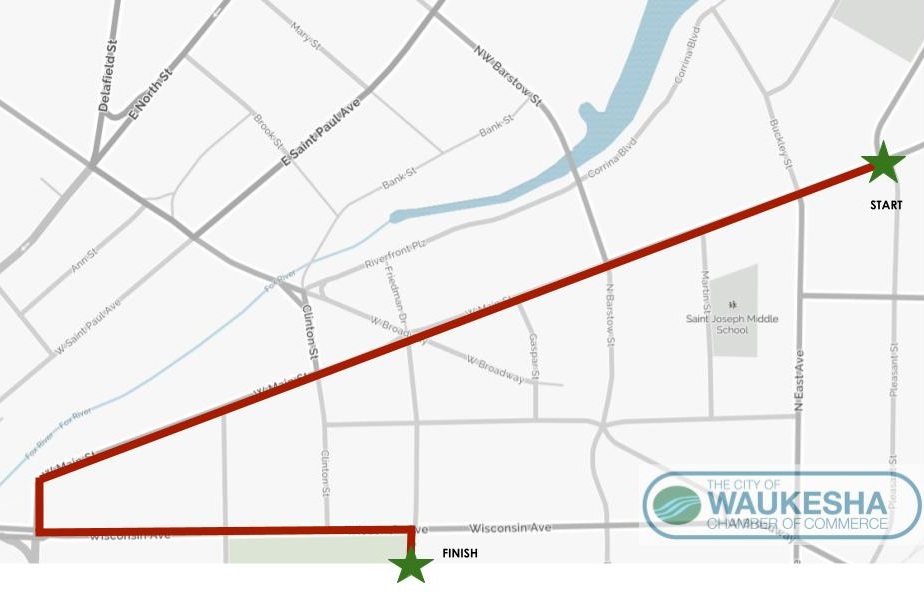 A map showing a red line down the main street of a town with green stars for the start and finish.