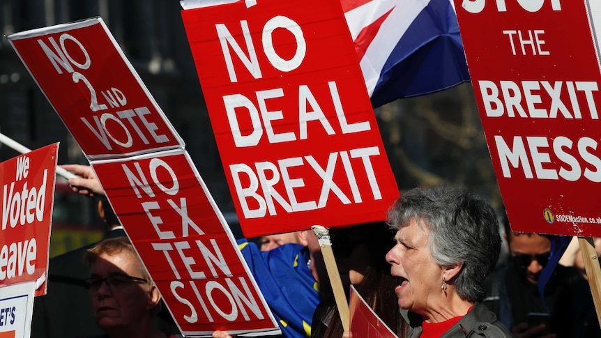 A woman screams as she holds up a sign reading No deal Brexit.
