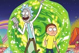 In a screenshot from the TV show Rick and Morty, the characters appear through an animated portal.