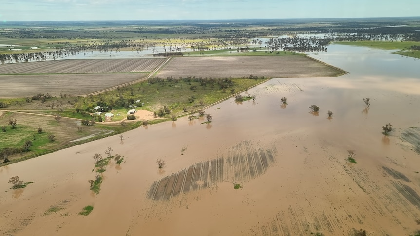 Aerial shot of vast lands covered by floodwaters. 