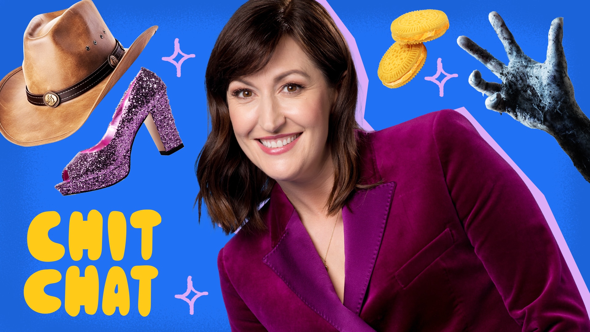 Celia Pacquola, who has shoulder-length dark hair, smiles in a chit chat graphic, surrounded by visuals of what she divulged.