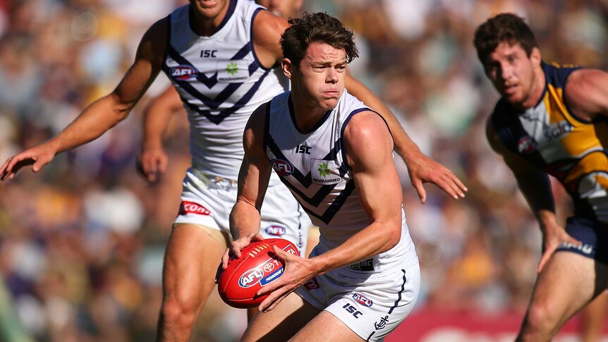 Fremantle's Lachie Neale on the ball against West Coast at Subiaco Oval on April 19, 2015.