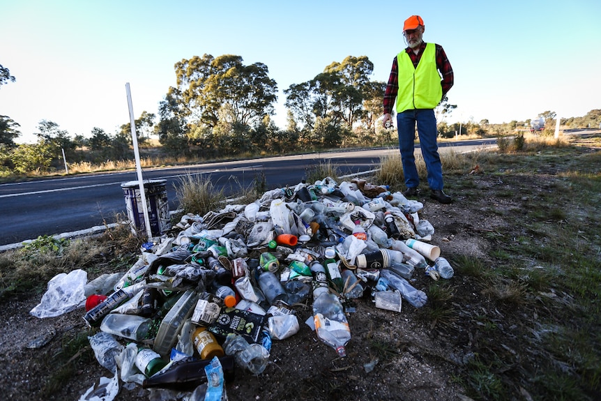 Mr Wiglesworth created a pile of rubbish beside the exit ramp to Melbourne to draw people's attention to the rubbish problem.