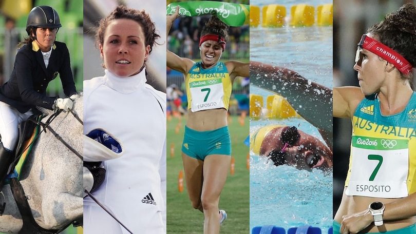 Composite image of Chloe Esposito in the equestrian, fencing, running, swimming and shooting in the Rio 2016 modern pentathlon.