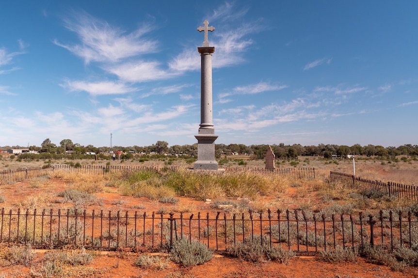 A large granite monument at the Louth cemetery, New South Wales, April 2021.
