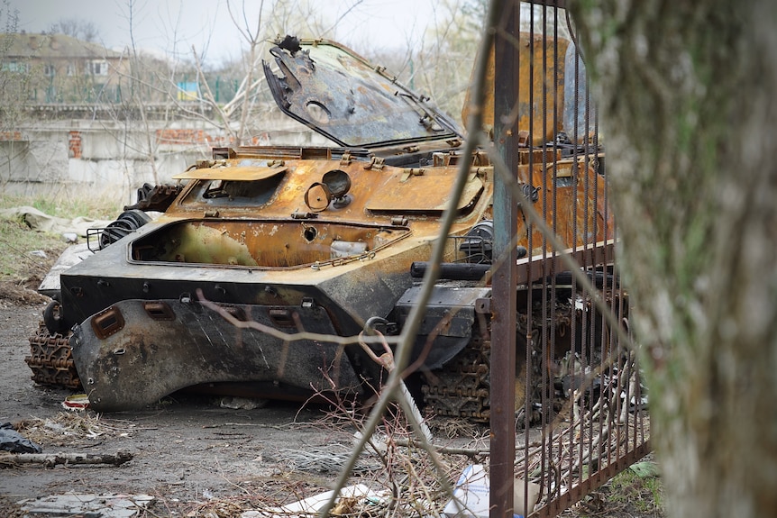 A burnt out Russian troop carrier.