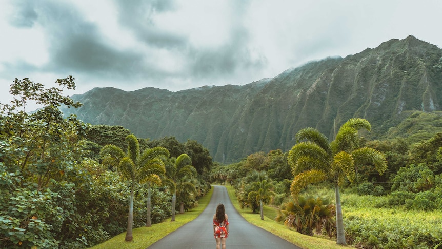 Woman in a red dress, standing on a road. She is looking at lush, green Hawaiian scenery.