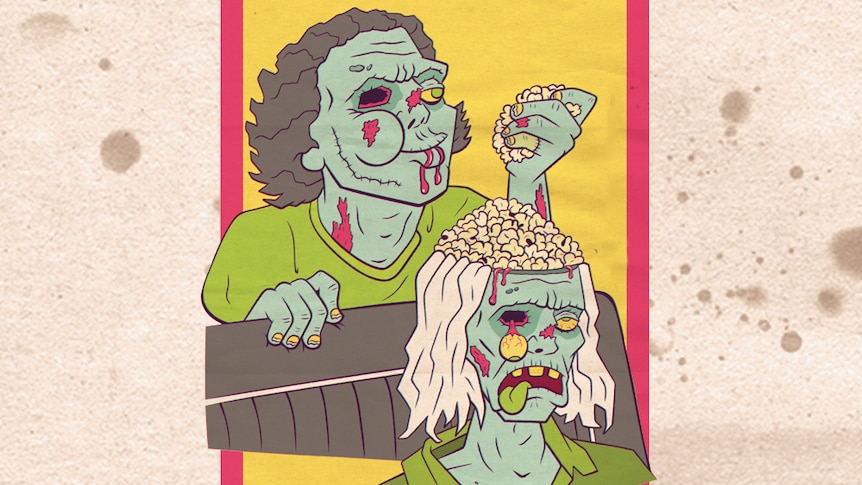 Hockey Dad illustrated as two zombies with Zach munching on the brain of Billy like popcorn