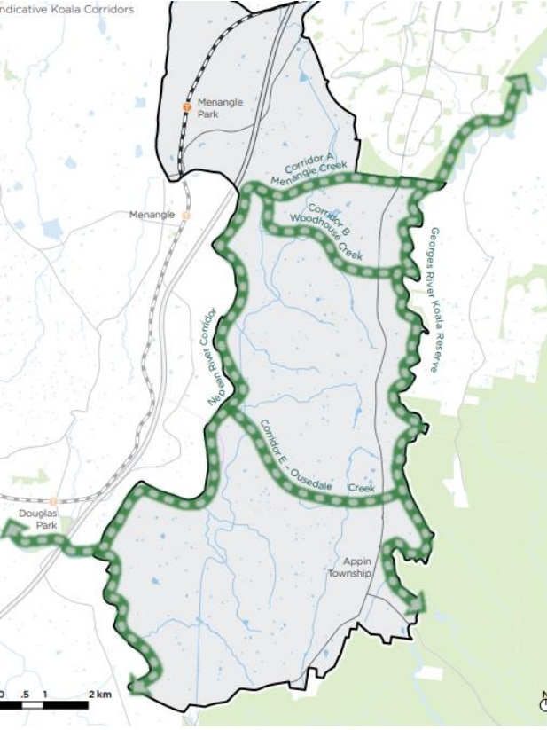 Map showing corridors in green where koalas are expected to navigate the housing expansion