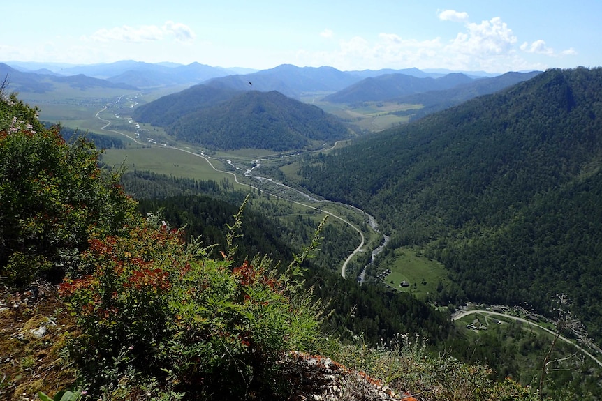 View of a valley form one end, with tree-covered hills either side of a river