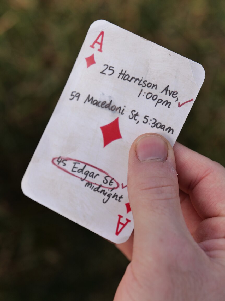 An Ace of Diamonds playing card with messages written on it.