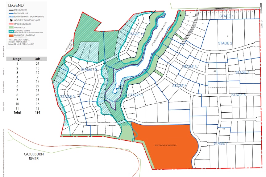 A development plan line drawing with a big orange square indicating the Box grove development