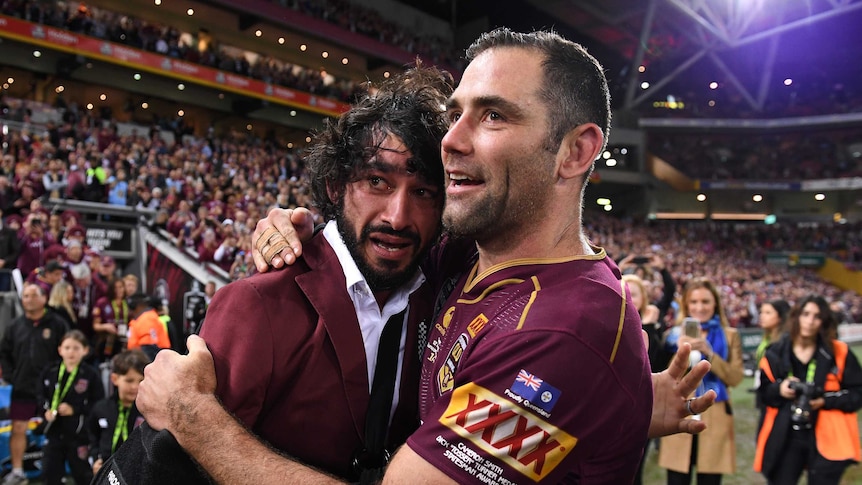 Cameron Smith of the Queensland Maroons reacts with an emotional Johnathan Thurston following State of Origin Game 3.