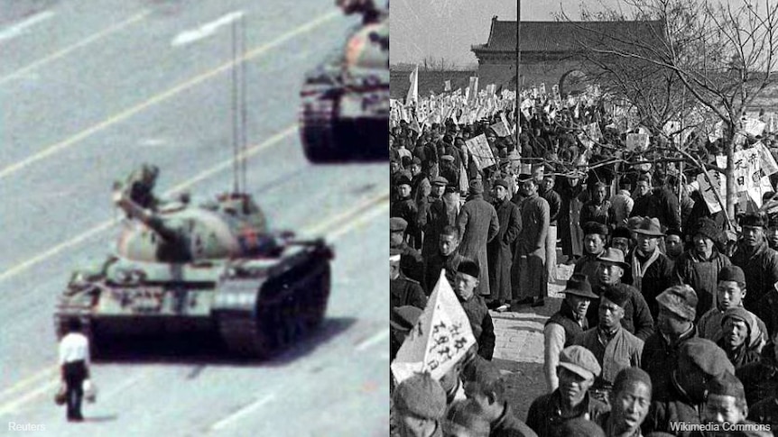 A composite image showing the 1989 Tiananmen Square pro-democracy protests, and the May 1919 protests at Tiananmen.
