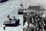 A composite image showing the 1989 Tiananmen Square pro-democracy protests, and the May 1919 protests at Tiananmen.