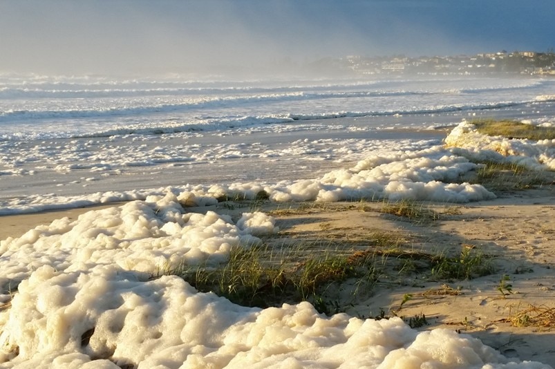 Kingscliff Beach covered in foam