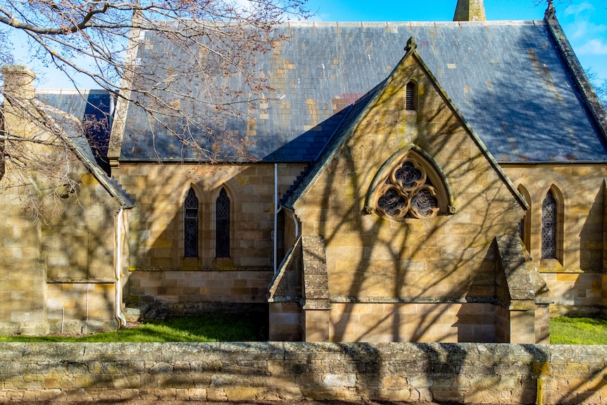 An exterior view of the church shows it side-on.