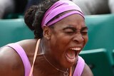 Serena Williams celebrates win at Roland Garros