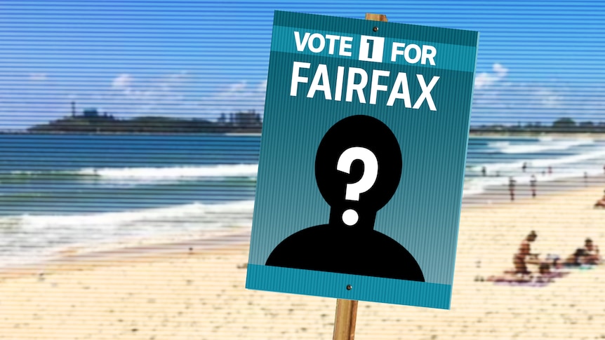 A graphic depicting an election corflute on a beach with an anonymous candidate for the federal seat of Fairfax.