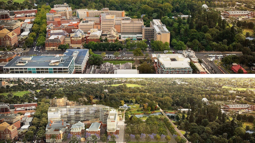 Old Royal Adelaide Hospital site and an artist impression of the redeveloped site