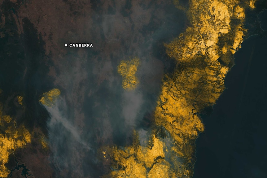 Satellite imagery showing fire scarring near Canberra