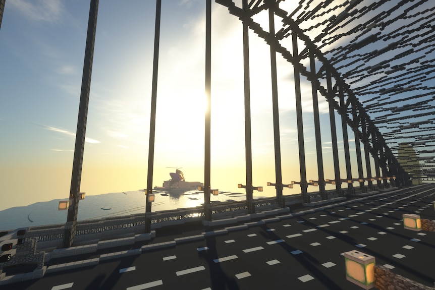 A rendering of inside the Sydney Harbour Bridge in Minecraft