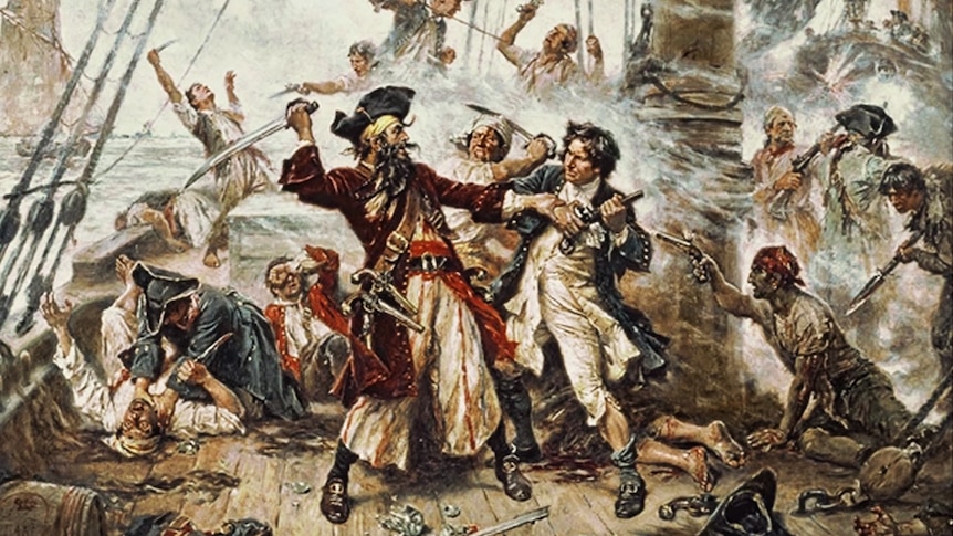 Painting of a fight on deck with Blackbeard