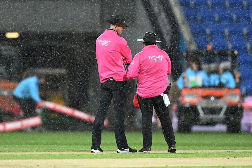 Two cricket umpires in fluoro pink jackets stand on the ground as rain falls and the covers come on in the distance.