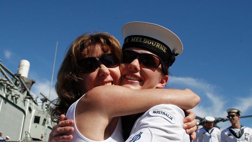 HMAS Melbourne crew member greets her mother