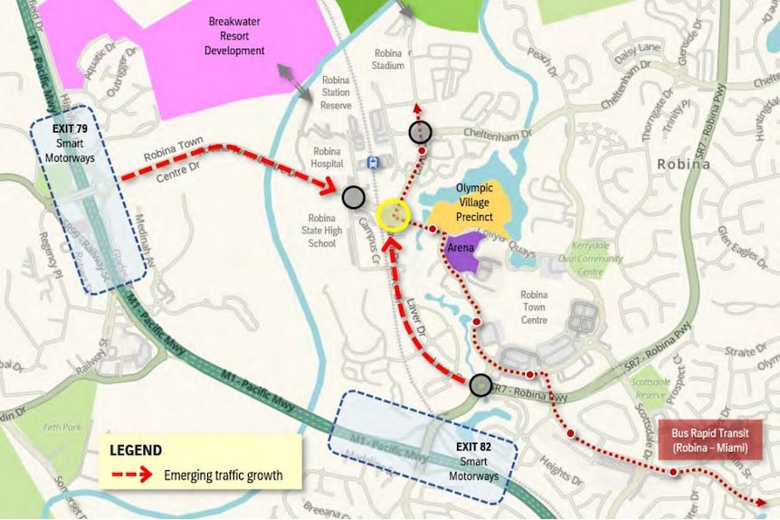 A map showing key intersection around the suburb of Robina.