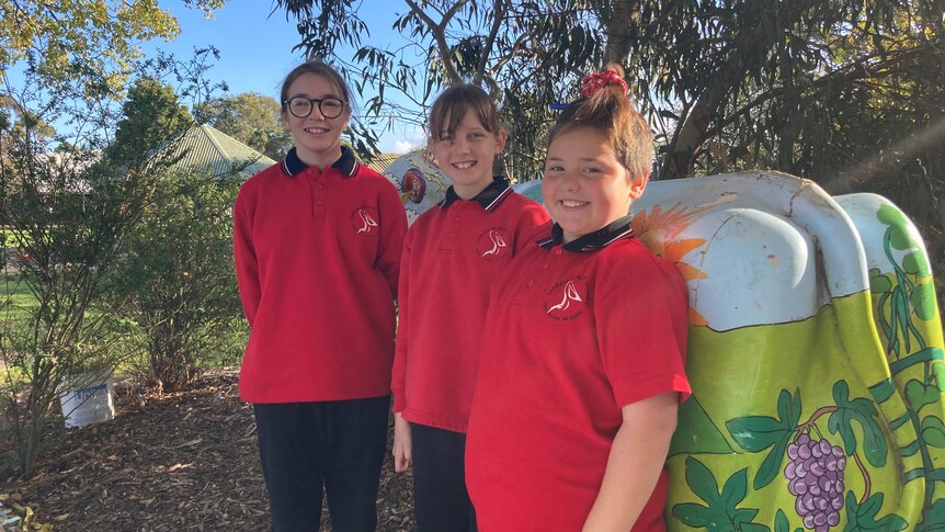 Three smiling primary school students standing in a garden.