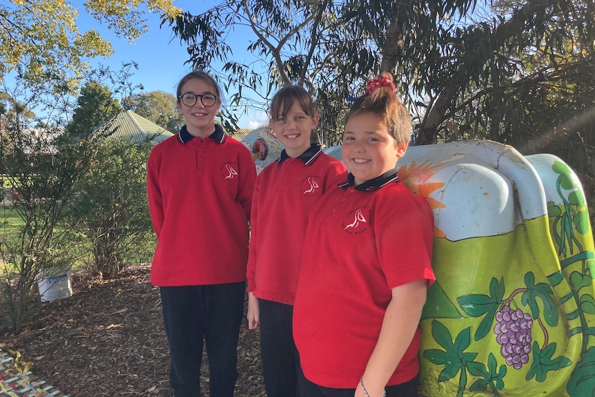 Three smiling primary school students standing in a garden.