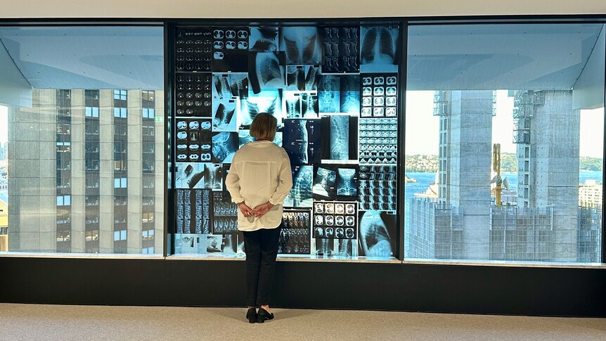 A woman stands at a high-rise office window, her back to the camera. The window is covered with x-rays.