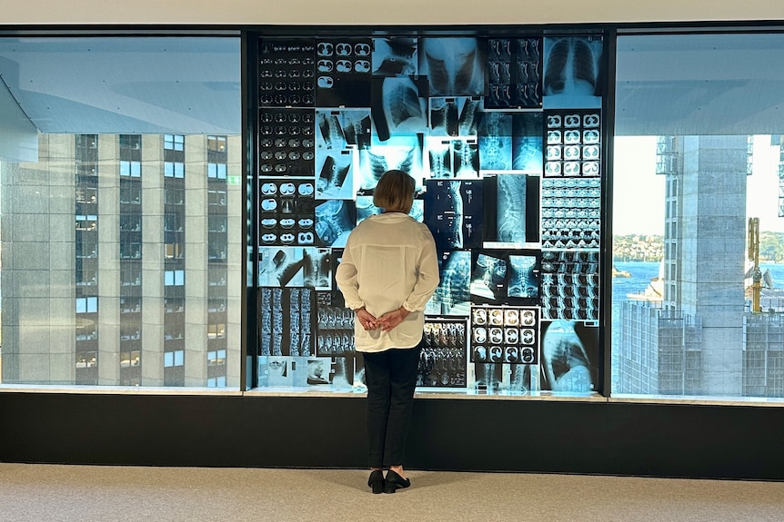 A woman stands at a high-rise office window, her back to the camera. The window is covered with x-rays.