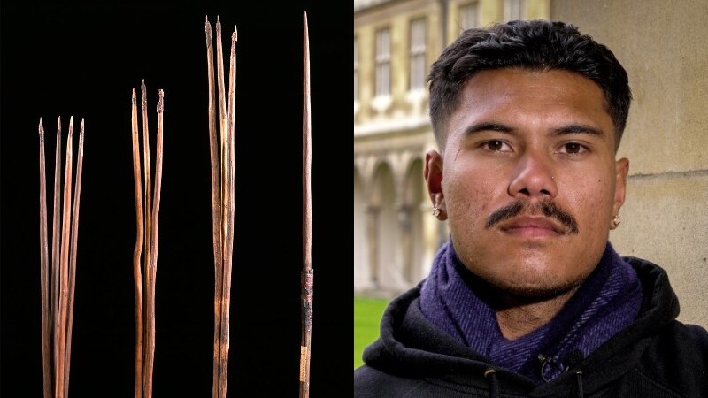 Composite image of spears and a young man.