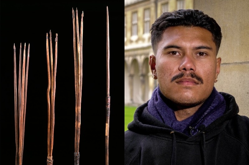 Composite image of spears and a young man.