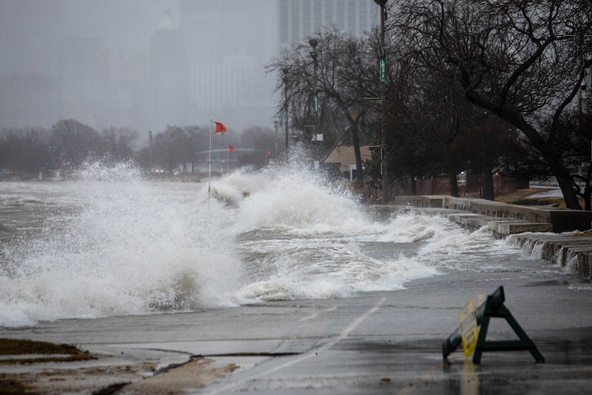 High waves hit the side of Lake Michigan.