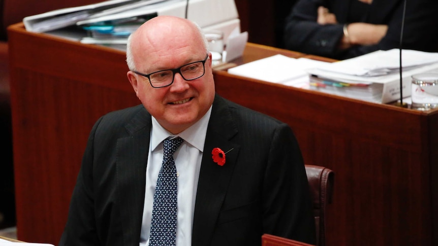 Attorney-General George Brandis smiles in the senate