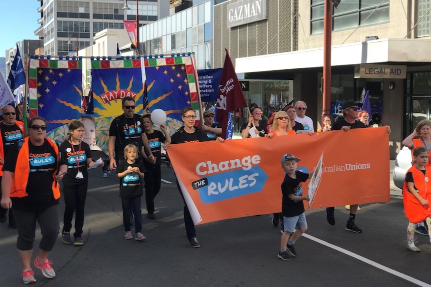 ACTU President Sally McManus leading the Hobart May Day March