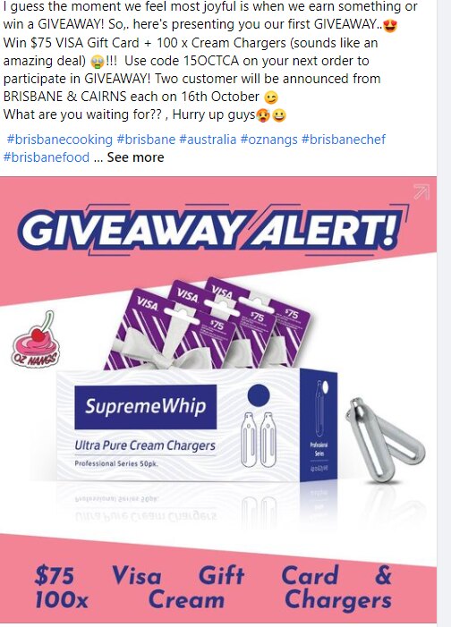 An advertisement promoting how users could get 100 free cream chargers