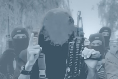 Graphic of man with obscured face holding machine gun and finger in air, with several men in balaclavas behind him.