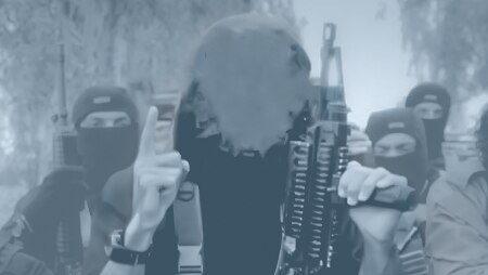 Graphic of man with obscured face holding machine gun and finger in air, with several men in balaclavas behind him.