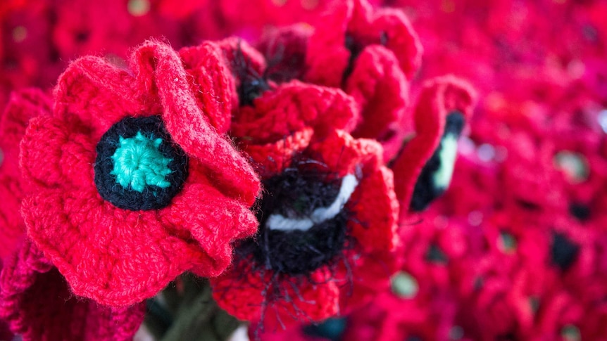 a bouquet of crochet red poppies