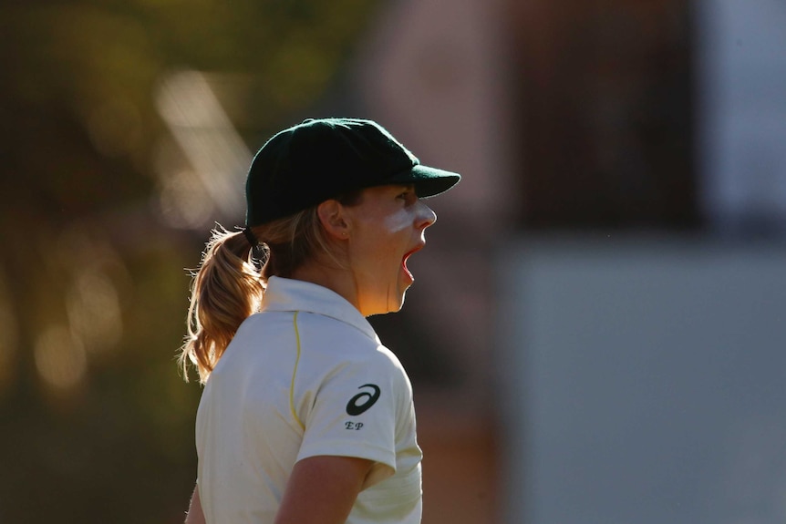 Ellyse Perry yawns while fielding for Australia against England in the Women's Ashes Test at North Sydney Oval.