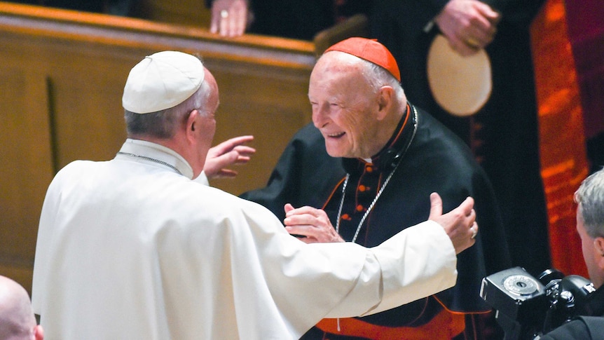 Pope Francis is seen reaching out to hug Theodore McCarrick.