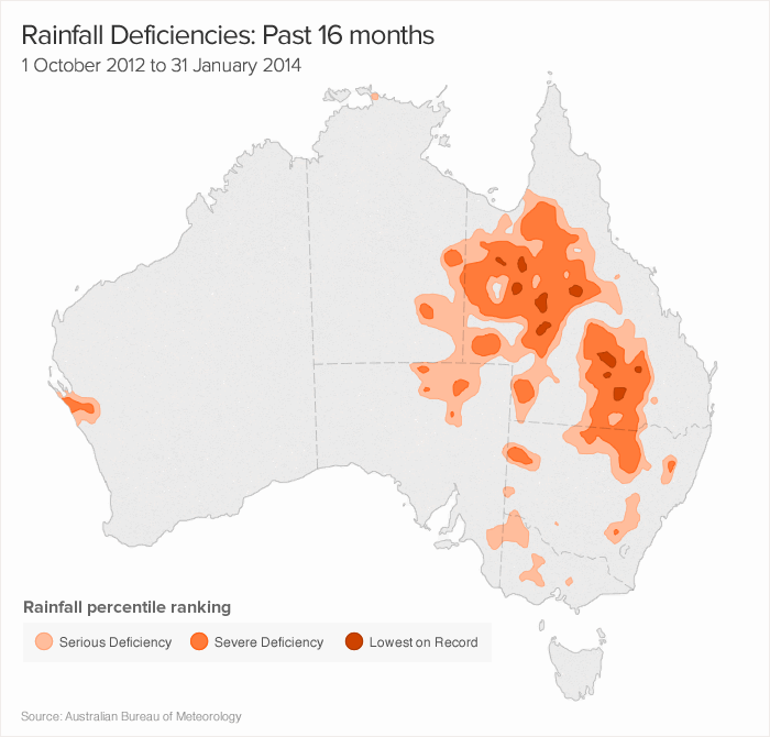 Australian regions that have experienced a deficiency of rainfall over the past 16 months.
