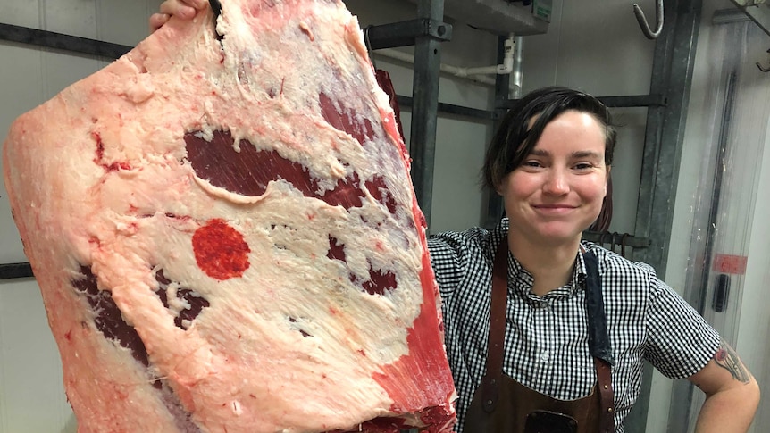 A young female apprentice butcher is dwarfed by a piece of meat hanging from a hook in the coldroom