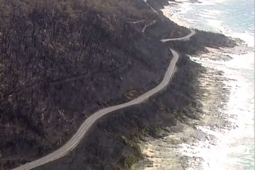 Aerial of burnt vegetation along the Great Ocean Road